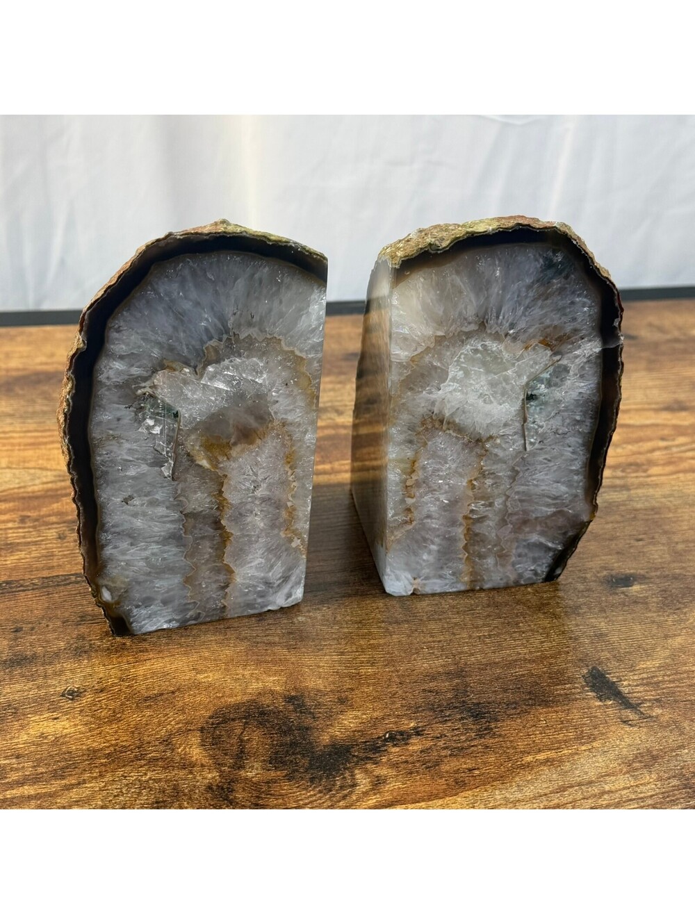 Brazilian Agate Crystal Geode Bookends Pair Natural Stone Druzy Quartz Raw